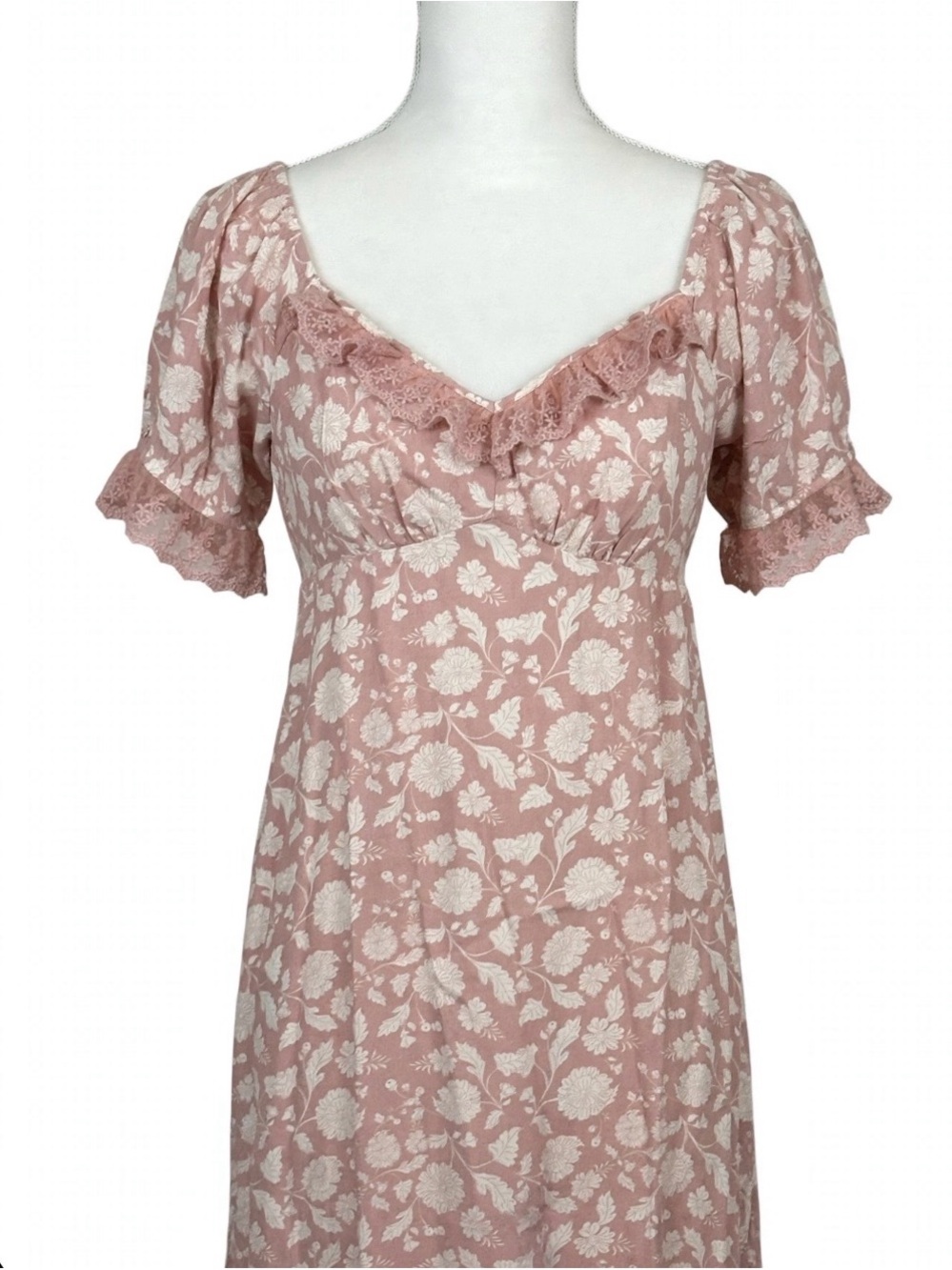 American Eagle Outfitters Dusty Rose Floral Lace-Trim Midi Babydoll Dress Size L